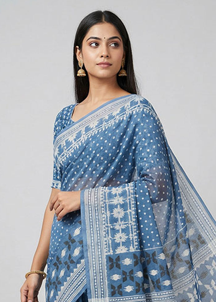 Blue Jamdani Cotton Saree Without Blouse Piece