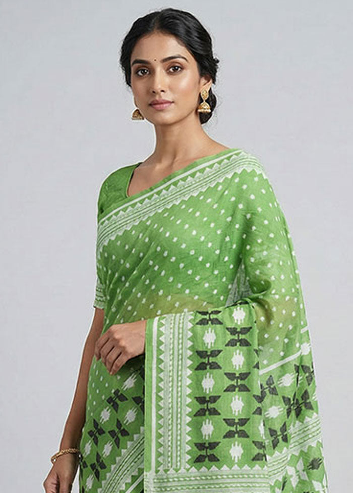 Green Jamdani Cotton Saree Without Blouse Piece