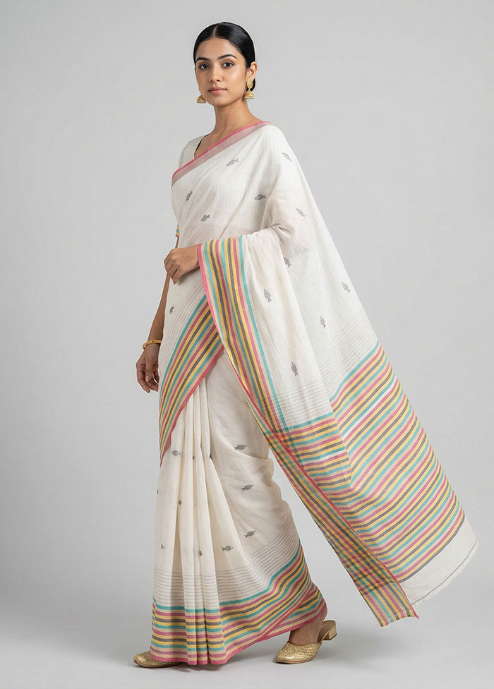 White Khadi Cotton Saree With Blouse Piece