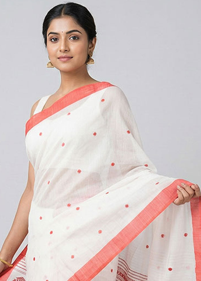 White Khadi Cotton Saree With Blouse Piece