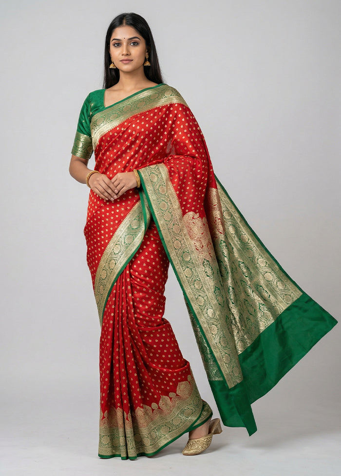 Red Banarasi Silk Saree With Blouse Piece
