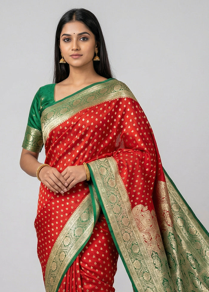 Red Banarasi Silk Saree With Blouse Piece