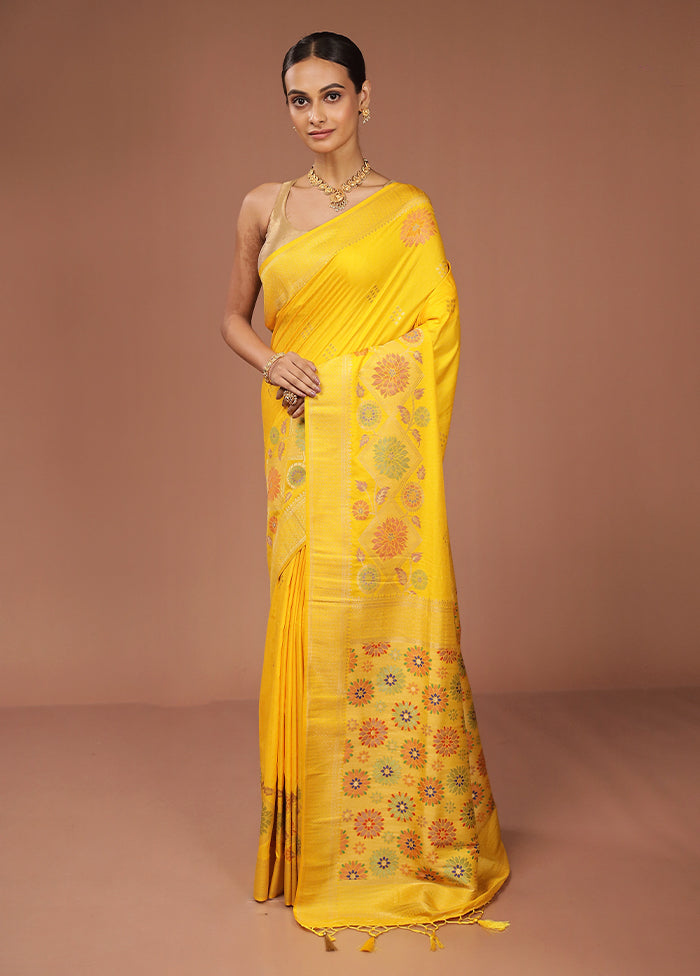 Yellow Dupion Silk Saree With Blouse Piece