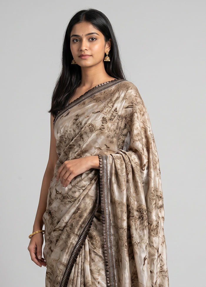 Cream Chiffon Silk Saree With Blouse Piece