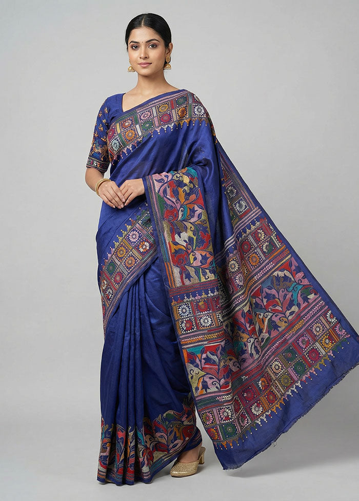 Blue Handloom Kantha Stitch Pure Silk Saree With Blouse Piece