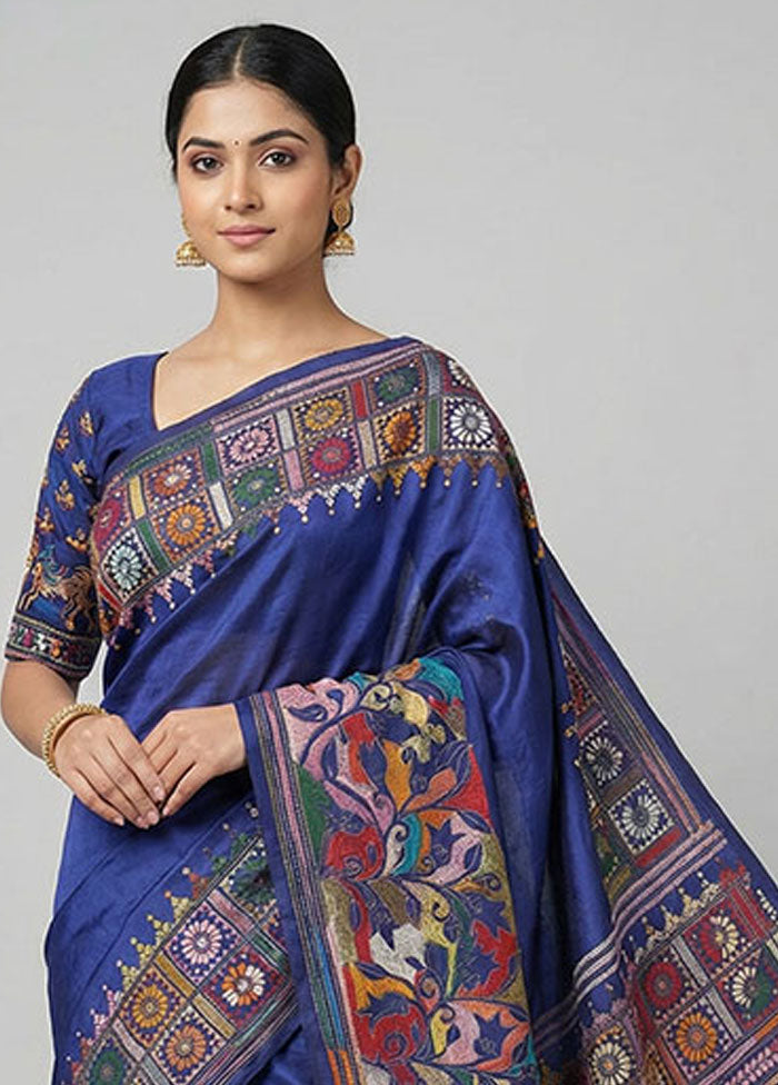 Blue Handloom Kantha Stitch Pure Silk Saree With Blouse Piece