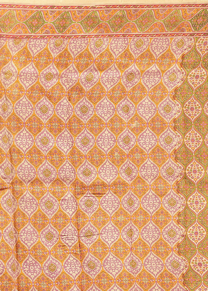 Yellow Printed Silk Saree Without Blouse Piece