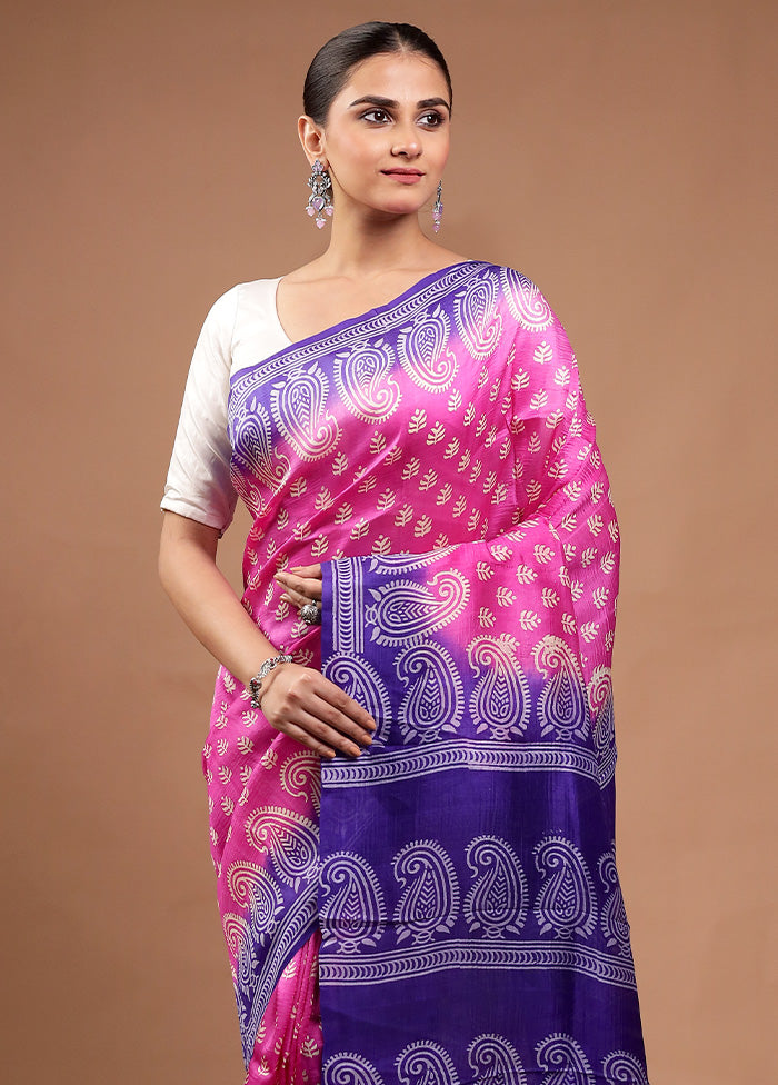 Pink Printed Silk Saree Without Blouse Piece