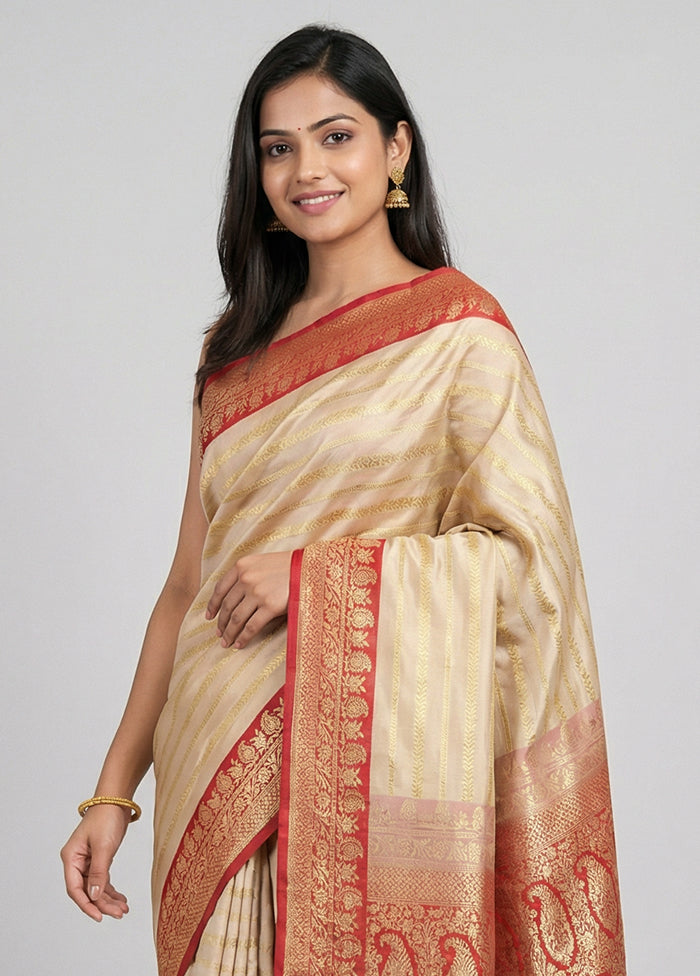 Cream Handloom Katan Pure Silk Saree With Blouse Piece