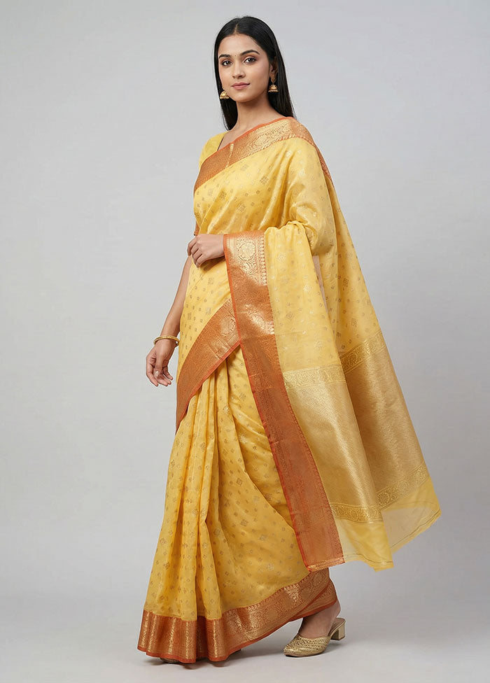 Yellow Kora Silk Saree With Blouse Piece