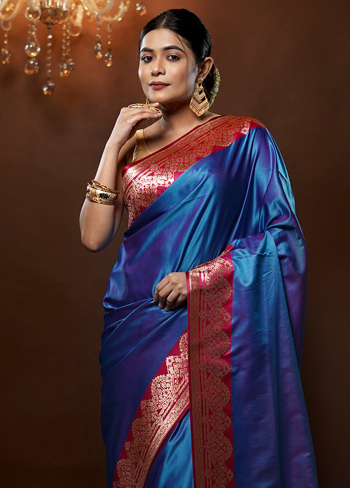 Blue Banarasi Silk Saree With Blouse Piece - Indian Silk House Agencies
