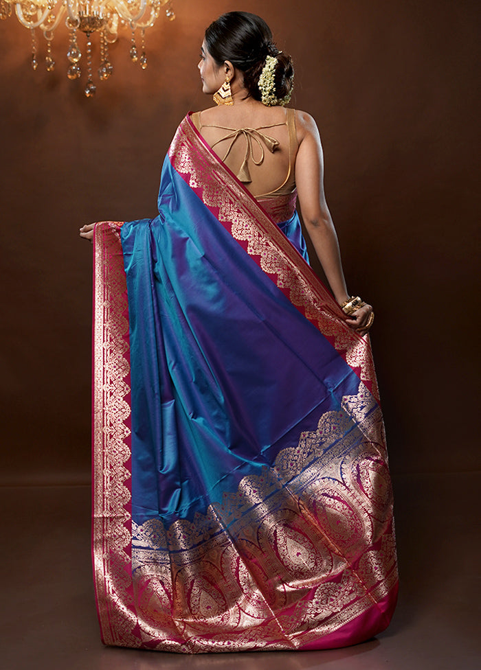 Blue Banarasi Silk Saree With Blouse Piece - Indian Silk House Agencies