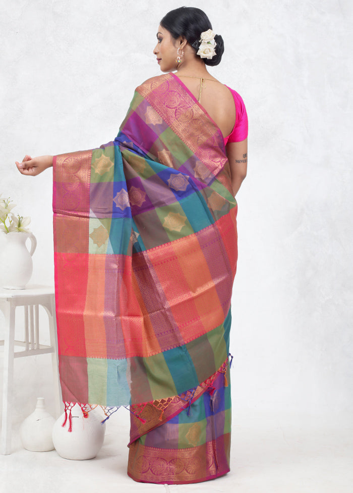 Blue Kora Silk Saree Without Blouse Piece - Indian Silk House Agencies
