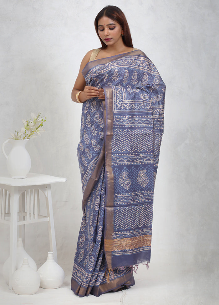 Blue Chanderi Cotton Saree Without Blouse Piece - Indian Silk House Agencies
