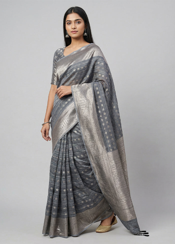 Grey Kora Silk Saree With Blouse Piece