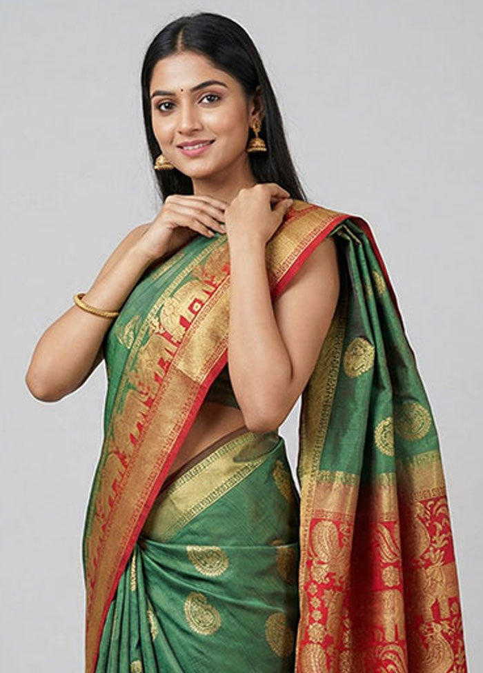 Green Dupion Silk Saree With Blouse Piece