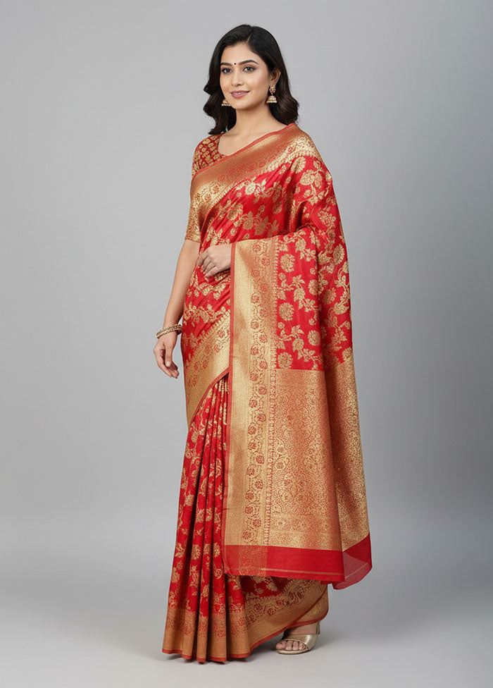Red Banarasi Silk Saree With Blouse Piece