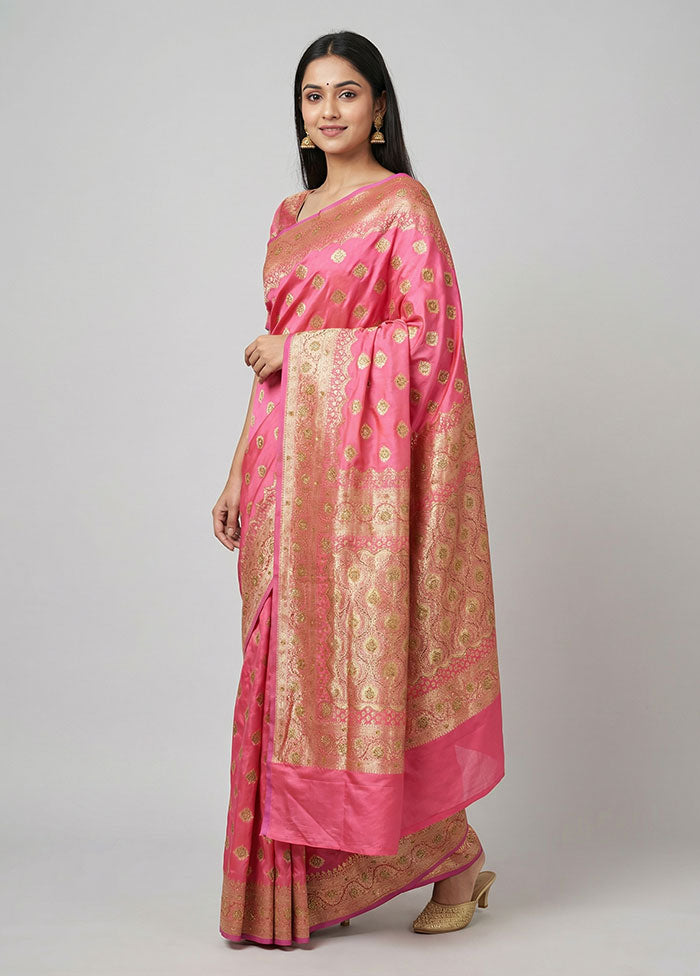 Pink Banarasi Silk Saree With Blouse Piece