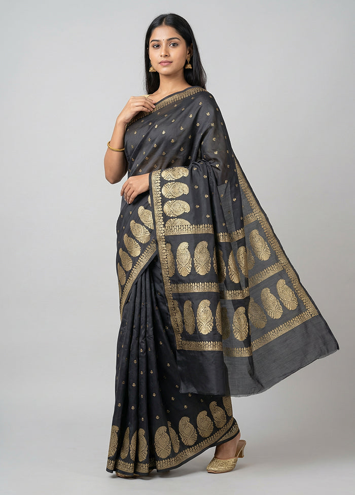 Black Handloom Banarasi Pure Silk Saree With Blouse Piece