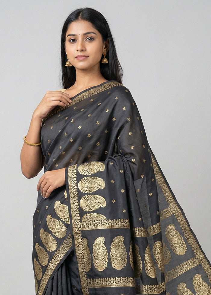 Black Handloom Banarasi Pure Silk Saree With Blouse Piece