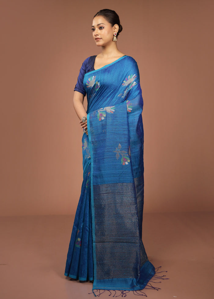 Blue Handloom Matka Pure Silk Saree With Blouse Piece