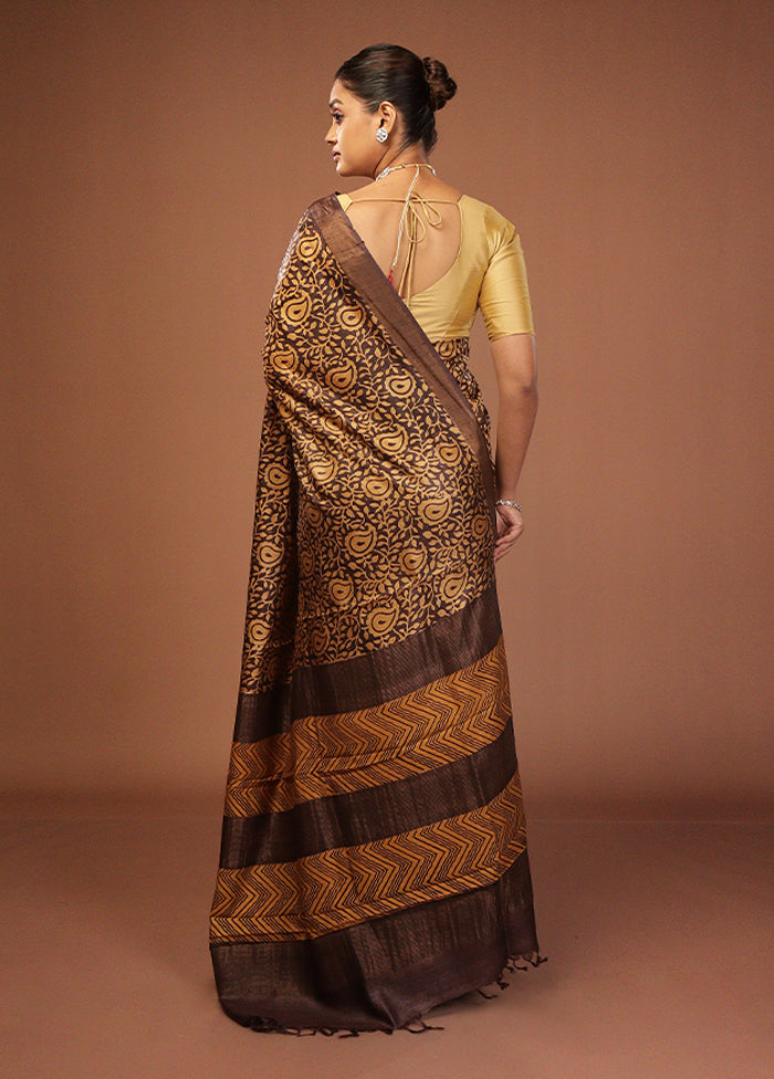 Black Handloom Tussar Pure Silk Saree With Blouse Piece