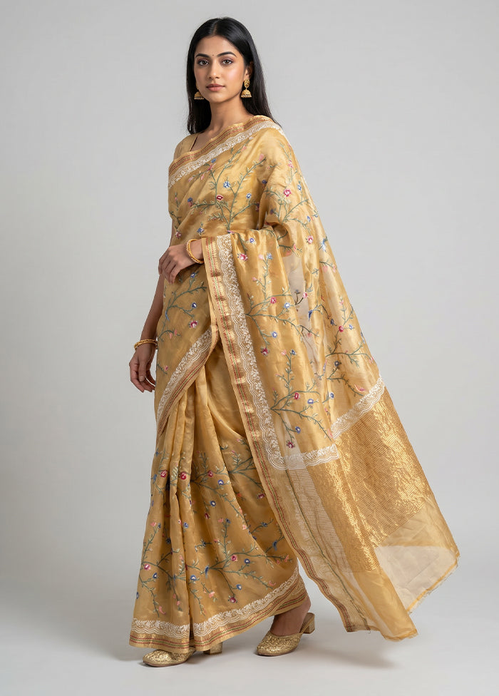 Yellow Handloom Pure Organza Saree With Blouse Piece