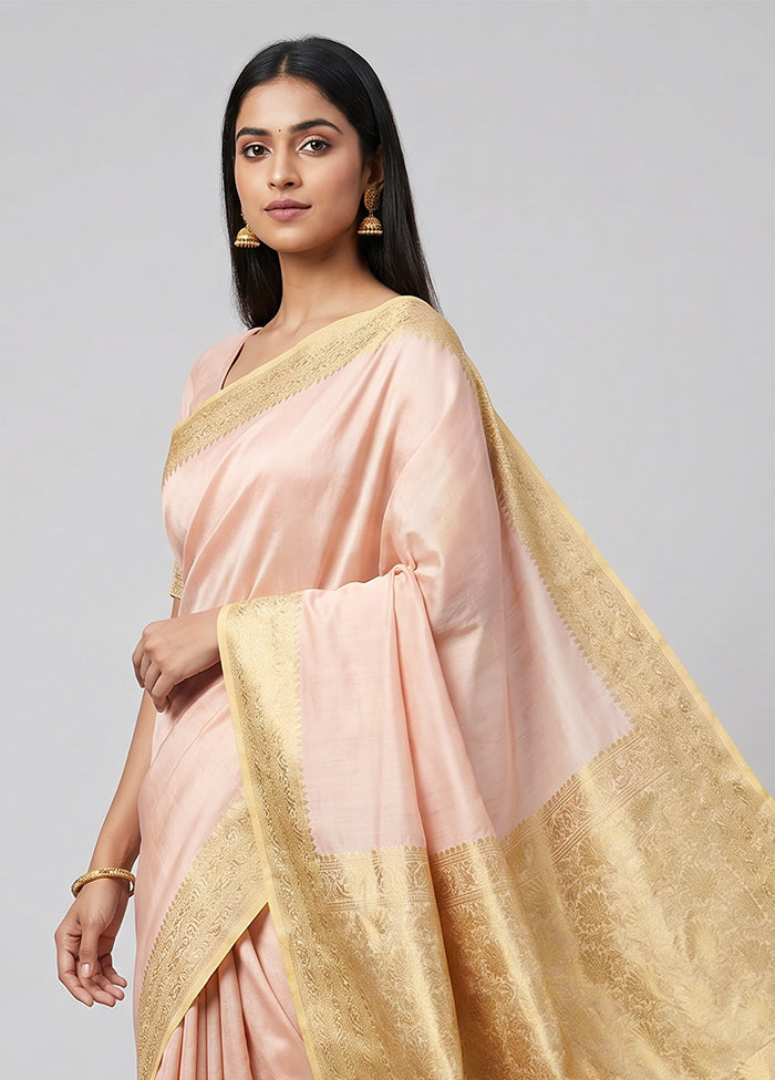 Peach Handloom Dupion Pure Silk Saree With Blouse Piece