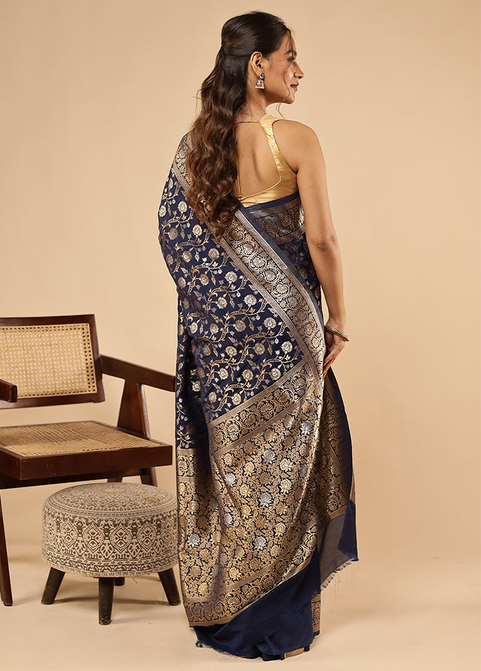 Blue Dupion Silk Saree With Blouse Piece