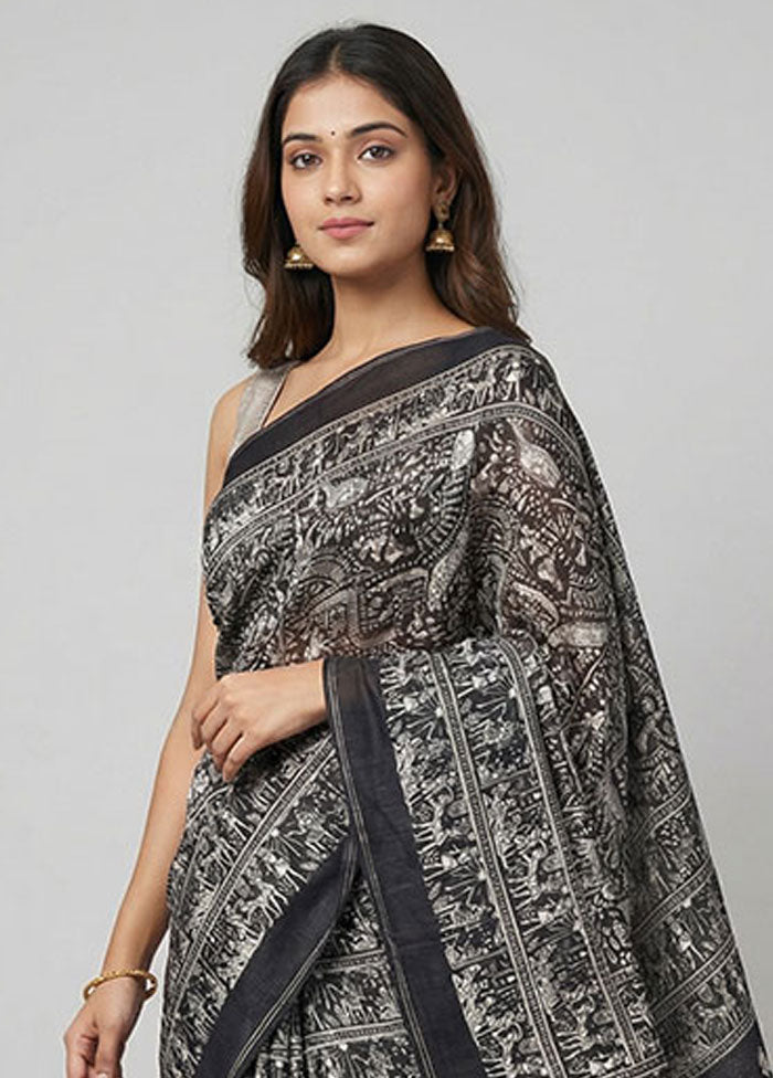 Black Printed Pure Silk Saree Without Blouse Piece