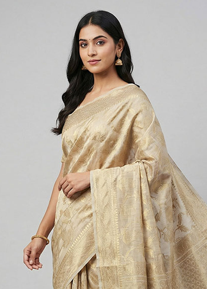 Cream Tussar Silk Saree With Blouse Piece
