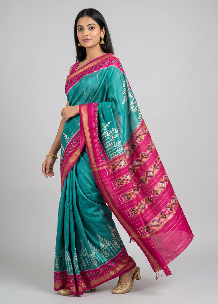 Green Handloom Ikkat Pure Silk Saree With Blouse Piece