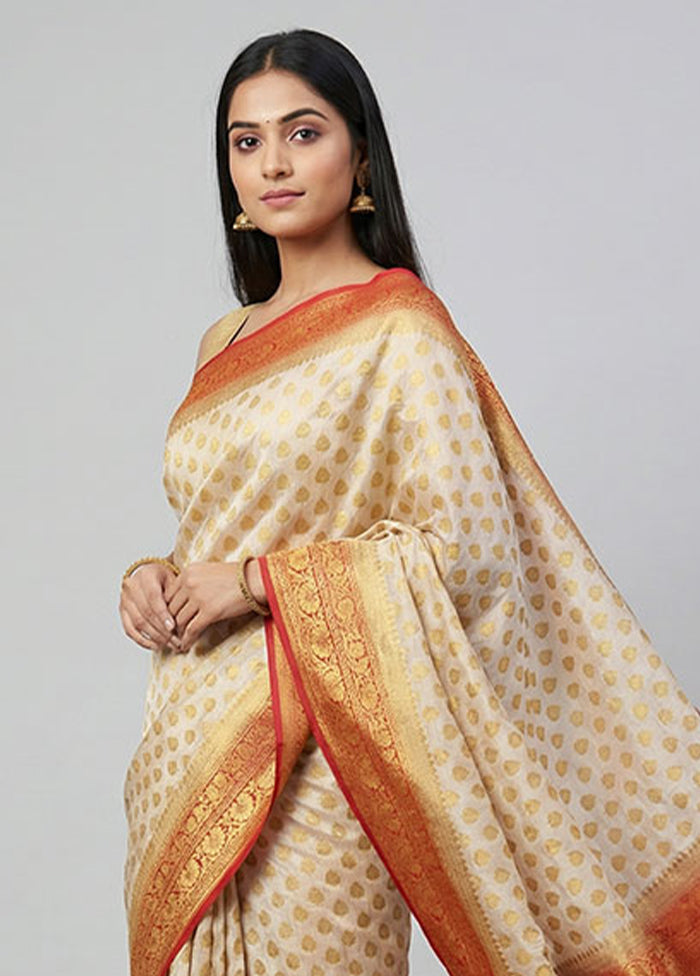 Cream Dupion Silk Saree With Blouse Piece