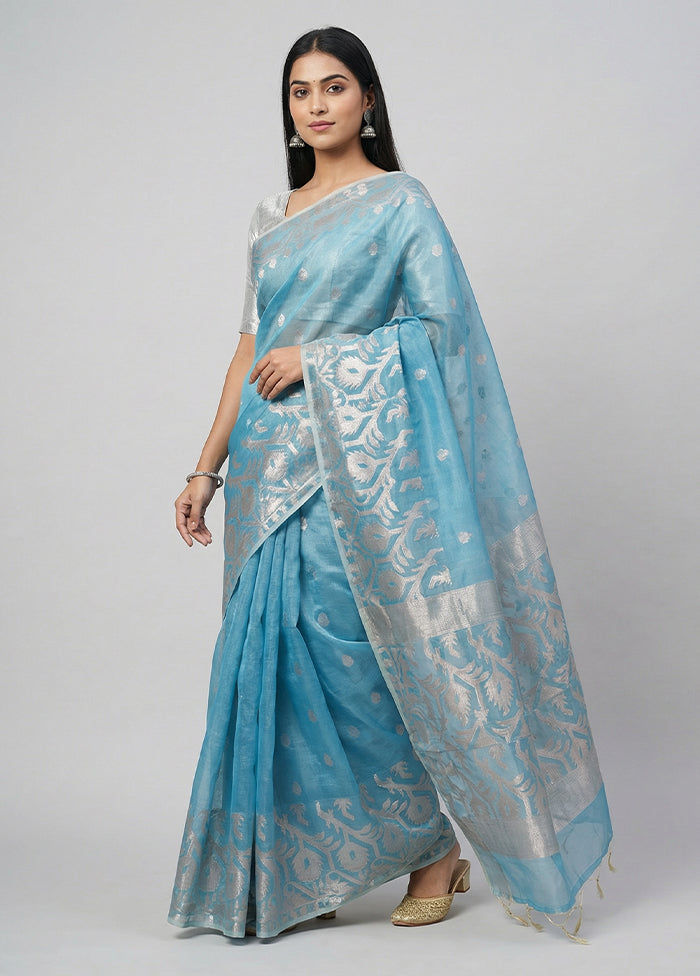 Blue Organza Saree With Blouse Piece