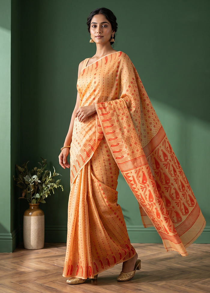 Cream Jamdani Cotton Saree Without Blouse Piece