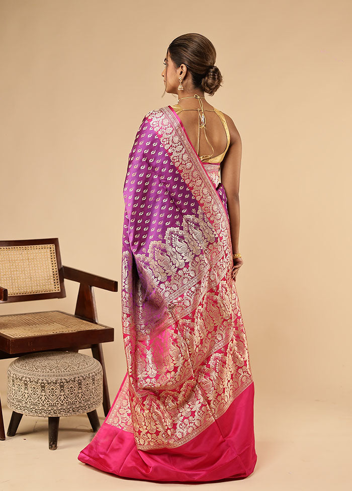 Purple Handloom Banarasi Pure Silk Saree With Blouse Piece