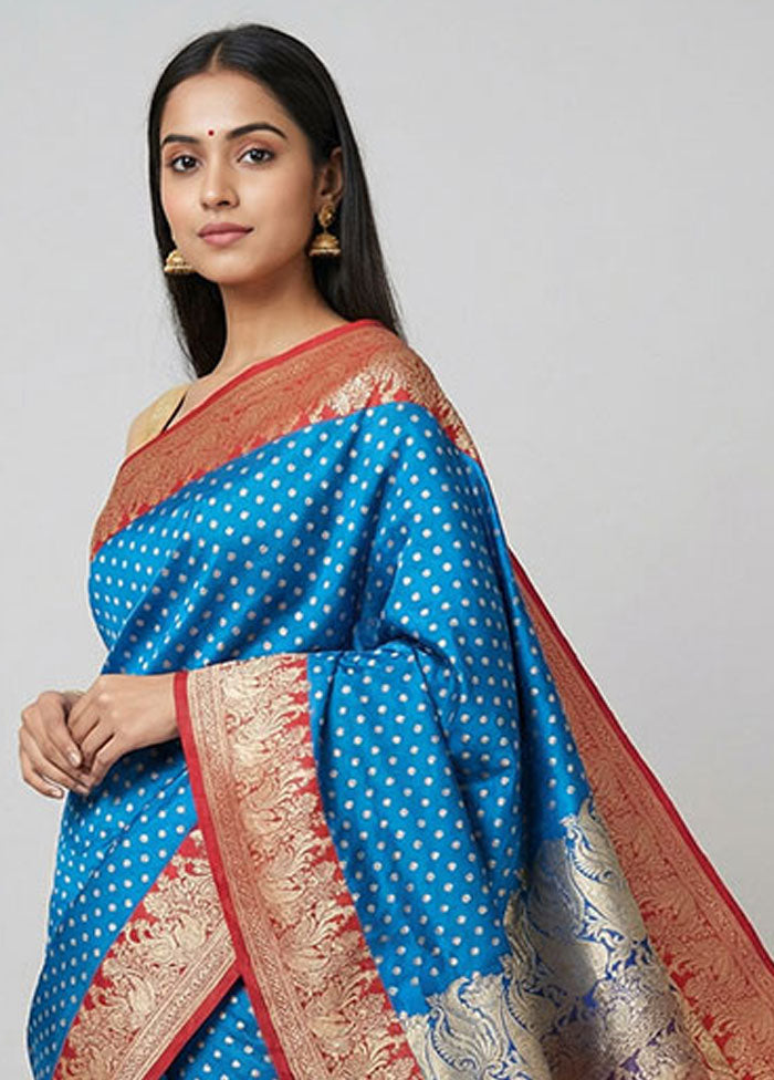 Blue Handloom Banarasi Pure Silk Saree With Blouse Piece