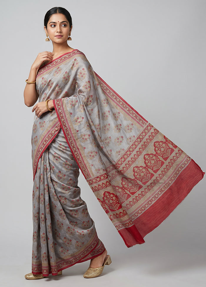 Grey Printed Silk Saree Without Blouse Piece