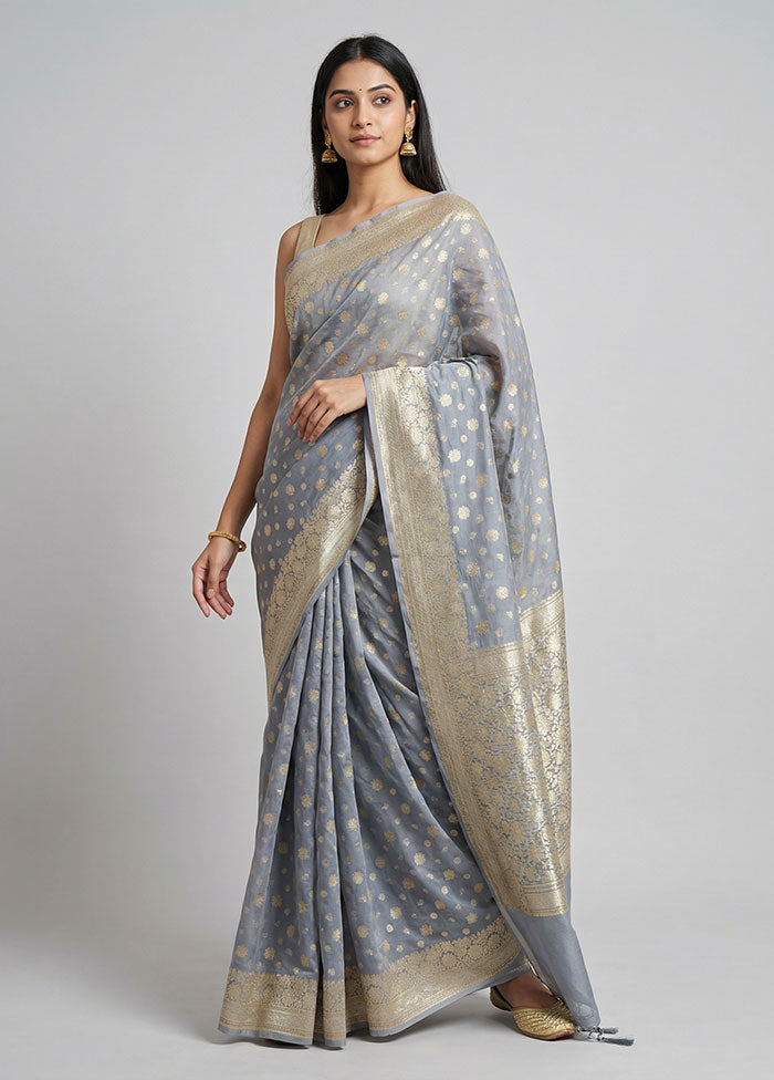 Grey Kora Silk Saree With Blouse Piece