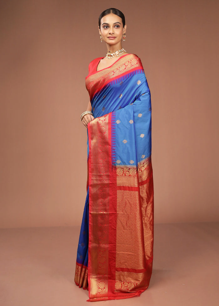 Blue Gadwal Silk Saree Without Blouse Piece