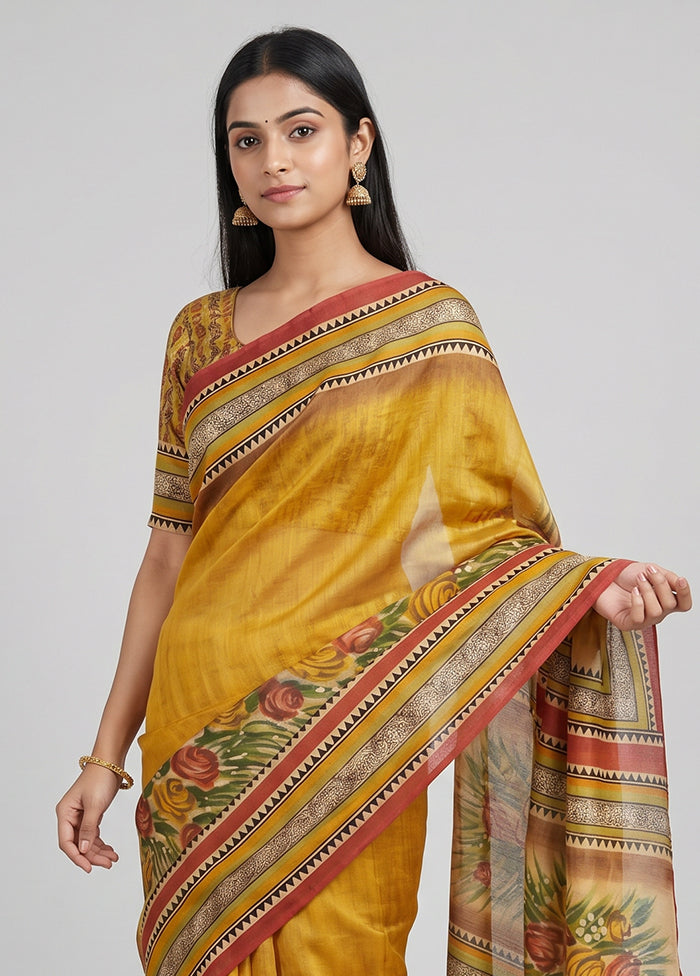 Yellow Printed Pure Silk Saree Without Blouse Piece