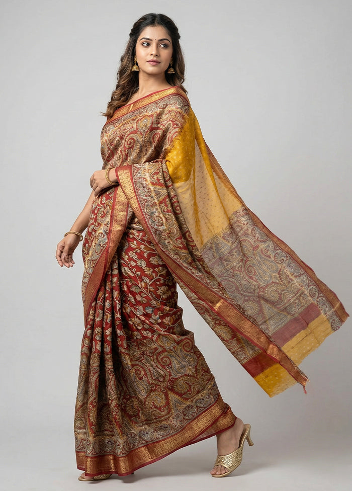 Yellow Printed Pure Silk Saree Without Blouse Piece