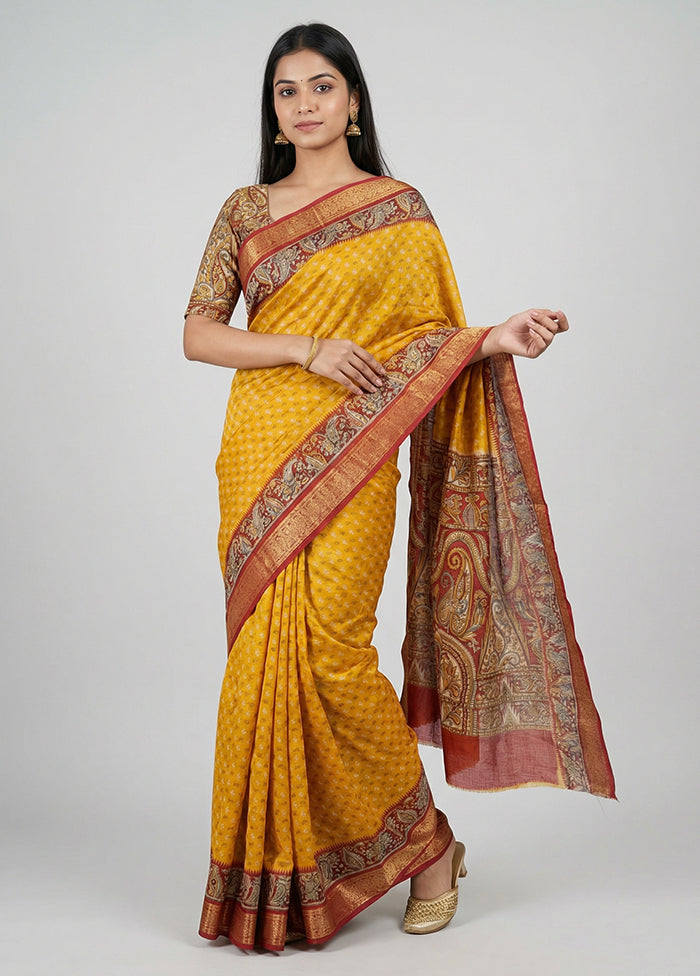Yellow Printed Pure Silk Saree Without Blouse Piece