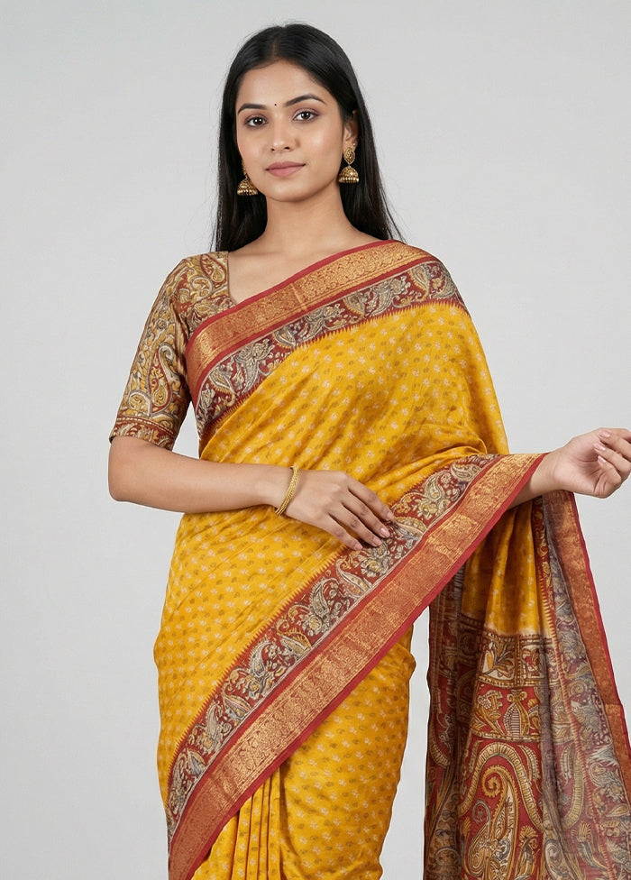 Yellow Printed Pure Silk Saree Without Blouse Piece
