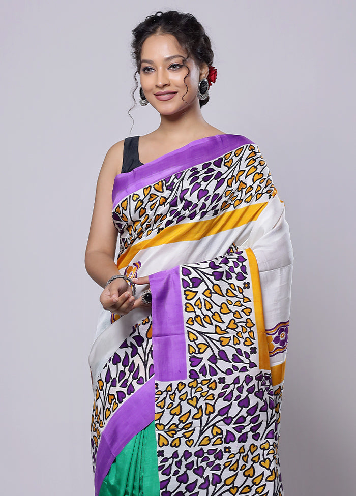 White Printed Silk Saree Without Blouse Piece