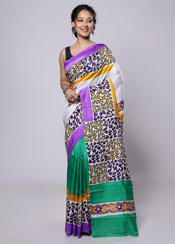 White Printed Silk Saree Without Blouse Piece