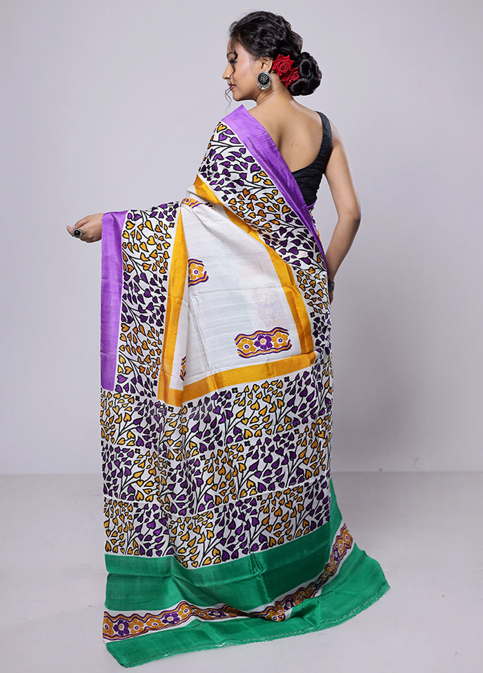White Printed Silk Saree Without Blouse Piece