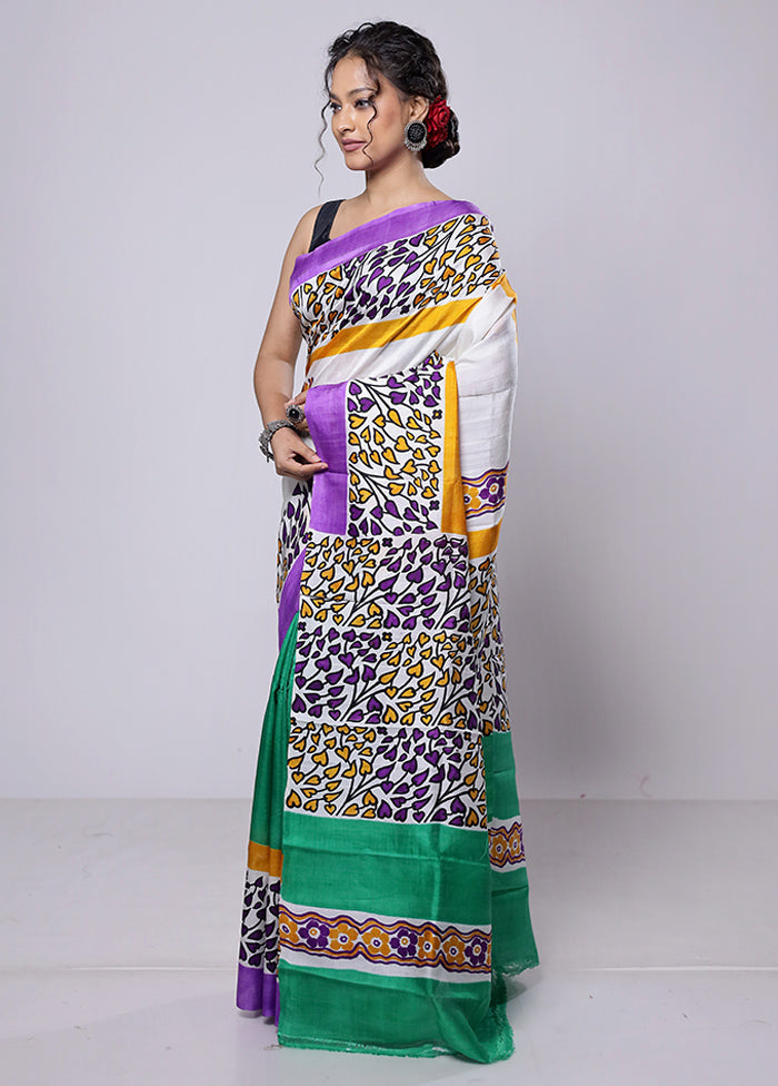 White Printed Silk Saree Without Blouse Piece