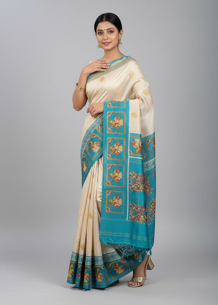 Green Handloom Tussar Pure Silk Saree With Blouse Piece