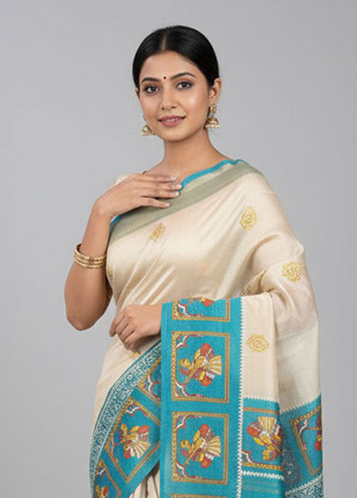 Green Handloom Tussar Pure Silk Saree With Blouse Piece